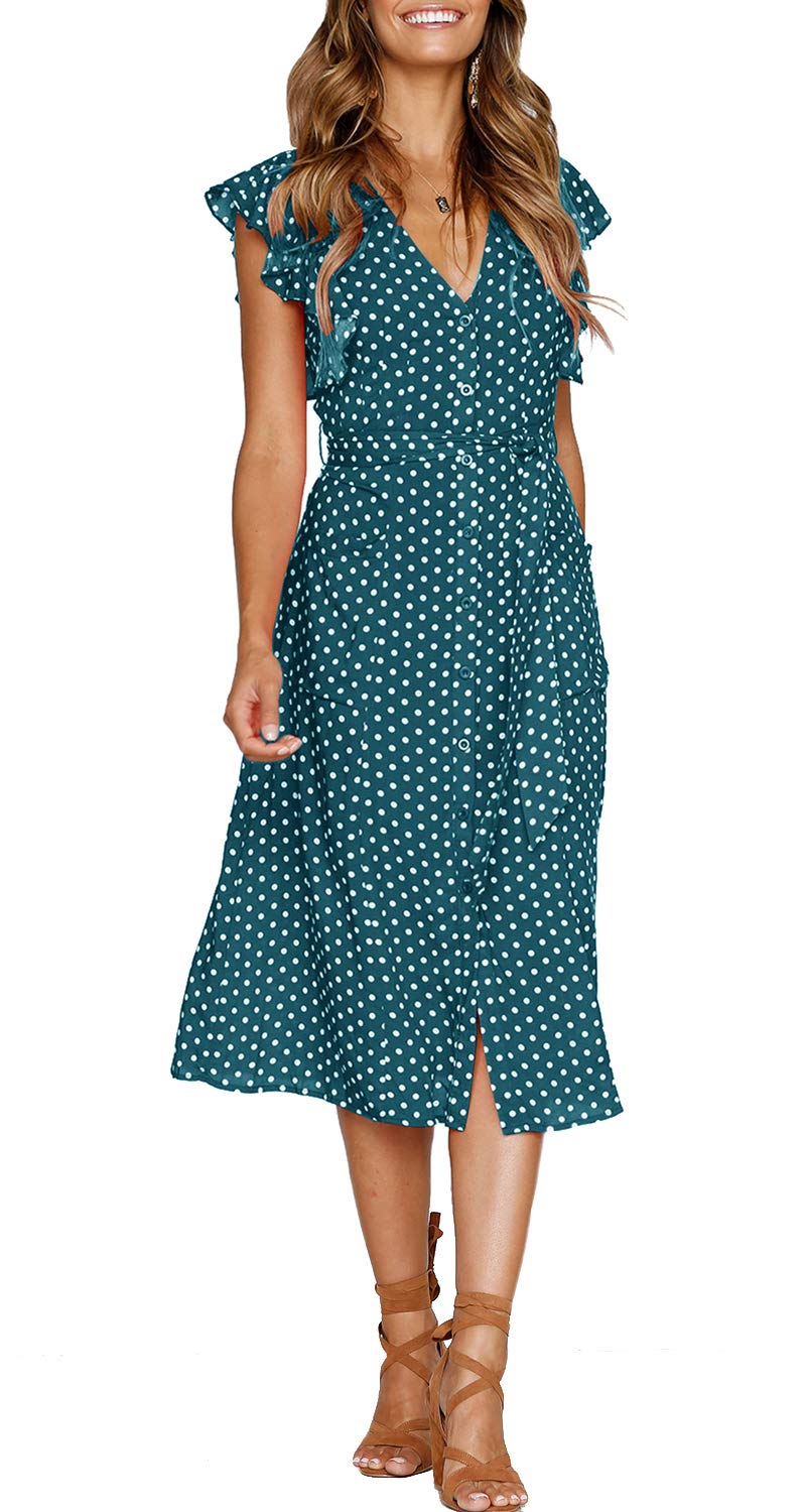 MITILLY Women's Boho Polka Dot Flutter Short Sleeve V Neck Button Down Swing Midi Dress with Pockets Large Teal - Image 2